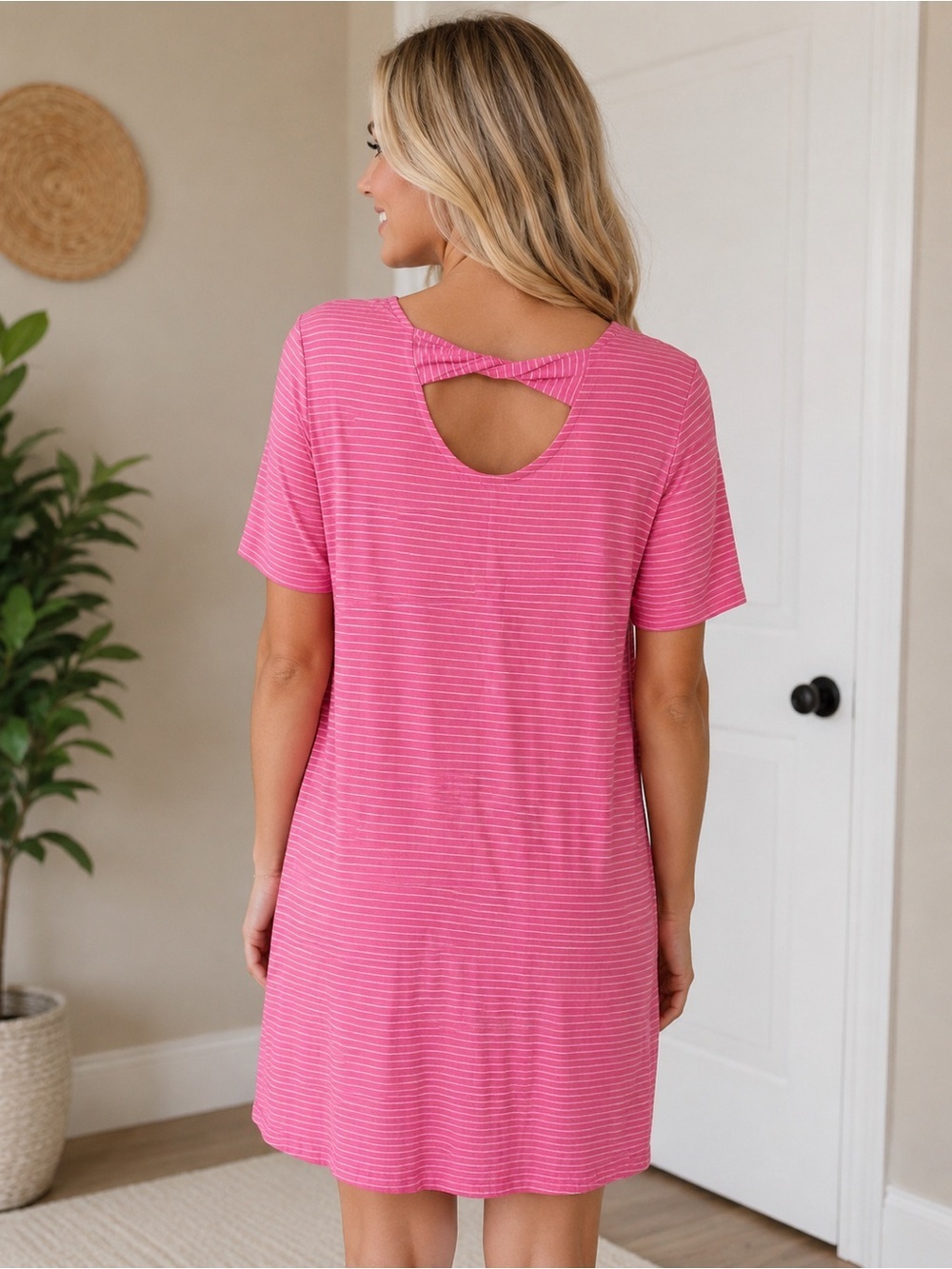Fresh Produce Pink Stripe Tshirt Dress Twist back Cotton Model 25508